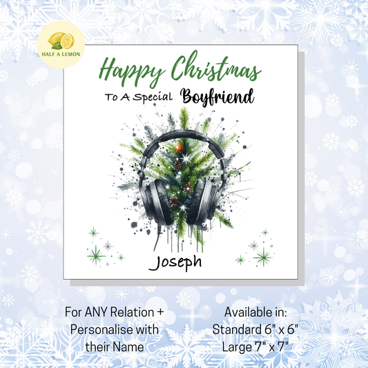 Personalised Headphones and Christmas Tree Christmas Card For Boyfriend, For Any Relation, Gift for Him