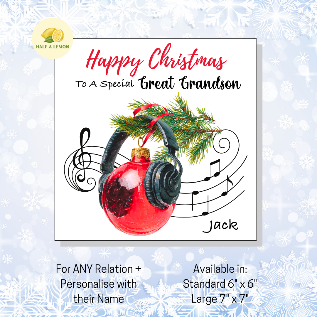 Personalised Headphones and Red Bauble Christmas Card For Great Grandson, For Any Relation, Gift for Him
