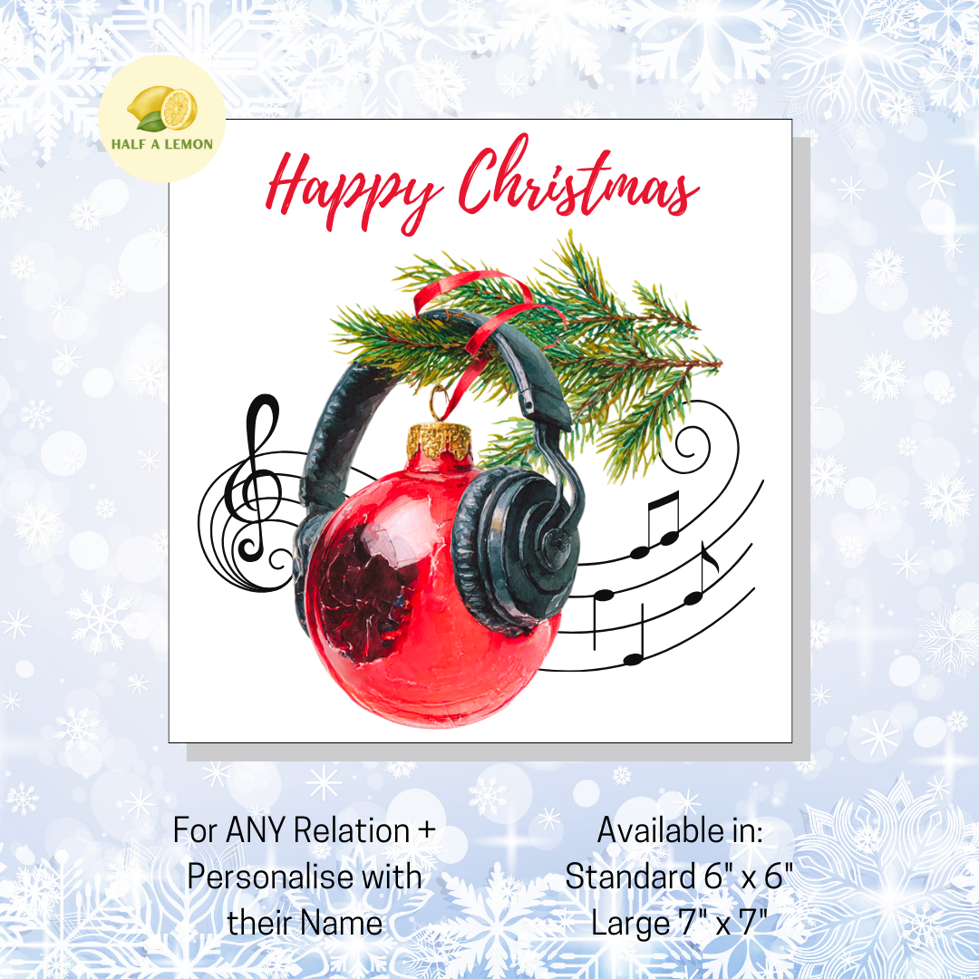 Personalised Headphones and Red Bauble Christmas Card For Any Relation, Gift for Him