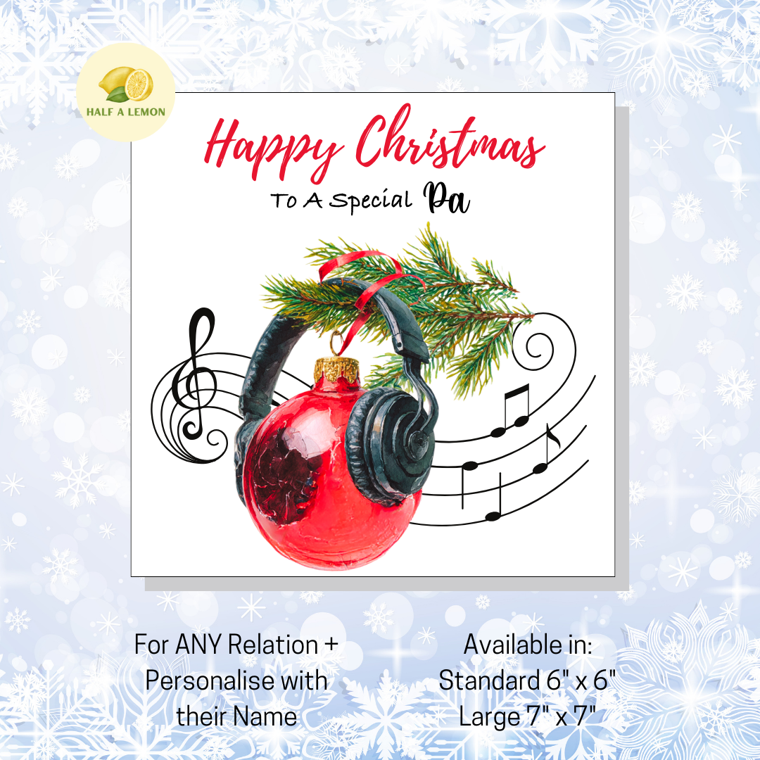 Personalised Headphones and Red Bauble Christmas Card For Pa, For Any Relation, Gift for Him