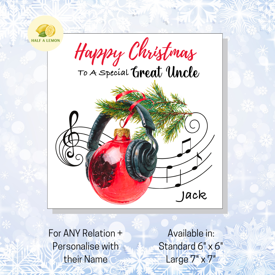 Personalised Headphones and Red Bauble Christmas Card For Great Uncle, For Any Relation, Gift for Him
