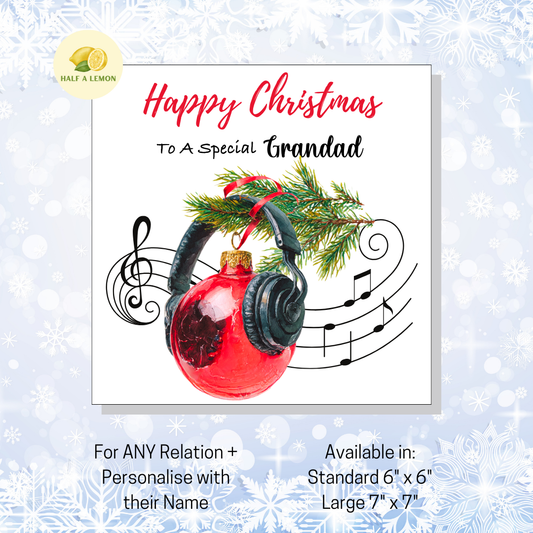 Personalised Headphones and Red Bauble Christmas Card For Grandad, For Any Relation, Gift for Him