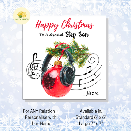 Personalised Headphones and Red Bauble Christmas Card For Step Son, For Any Relation, Gift for Him