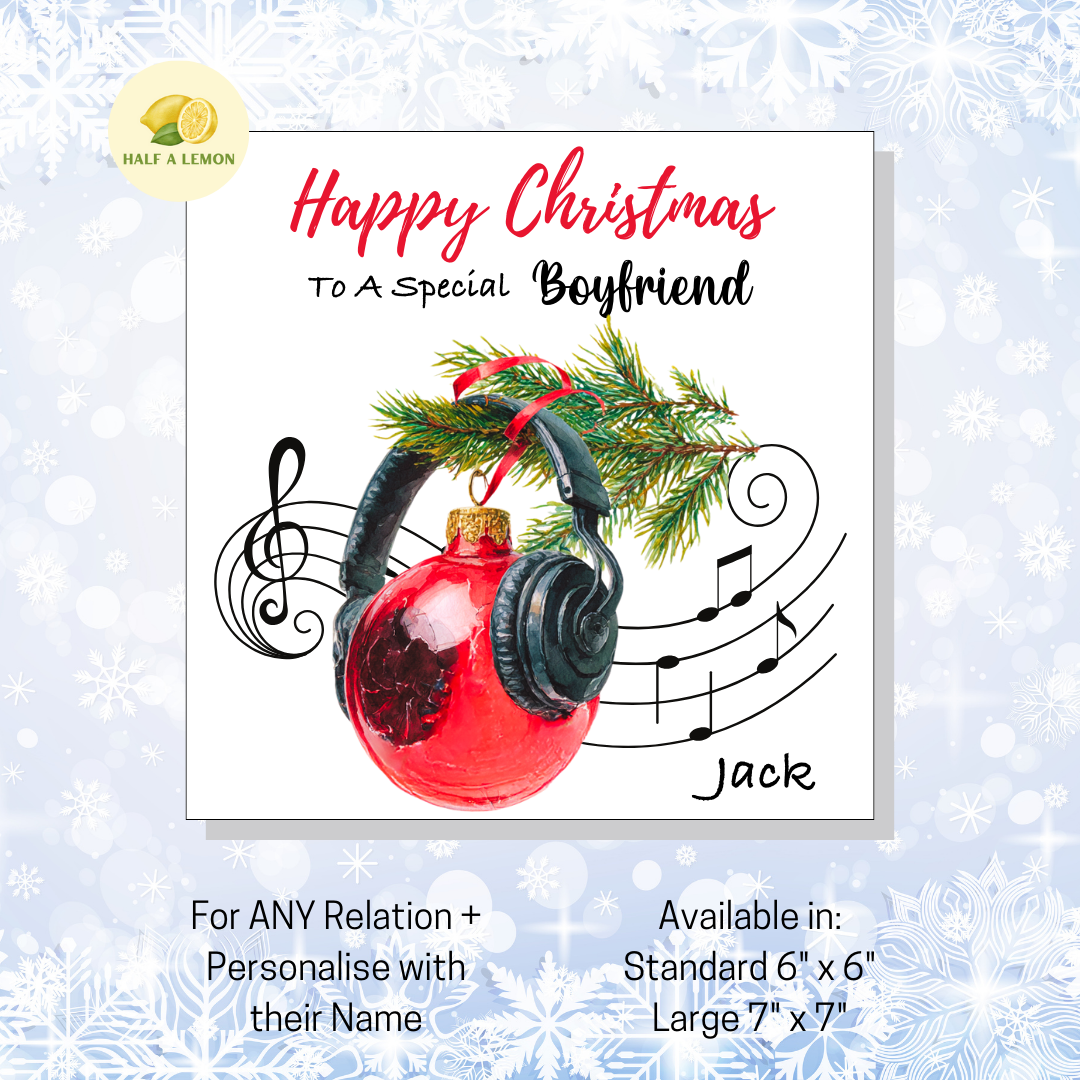 Personalised Headphones and Red Bauble Christmas Card For Boyfriend, For Any Relation, Gift for Him