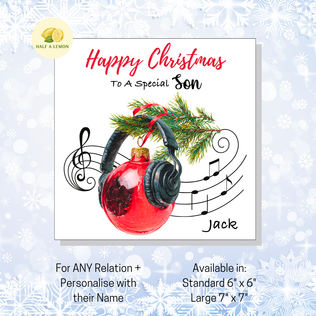 Personalised Headphones and Red Bauble Christmas Card For Son, For Any Relation, Gift for Him