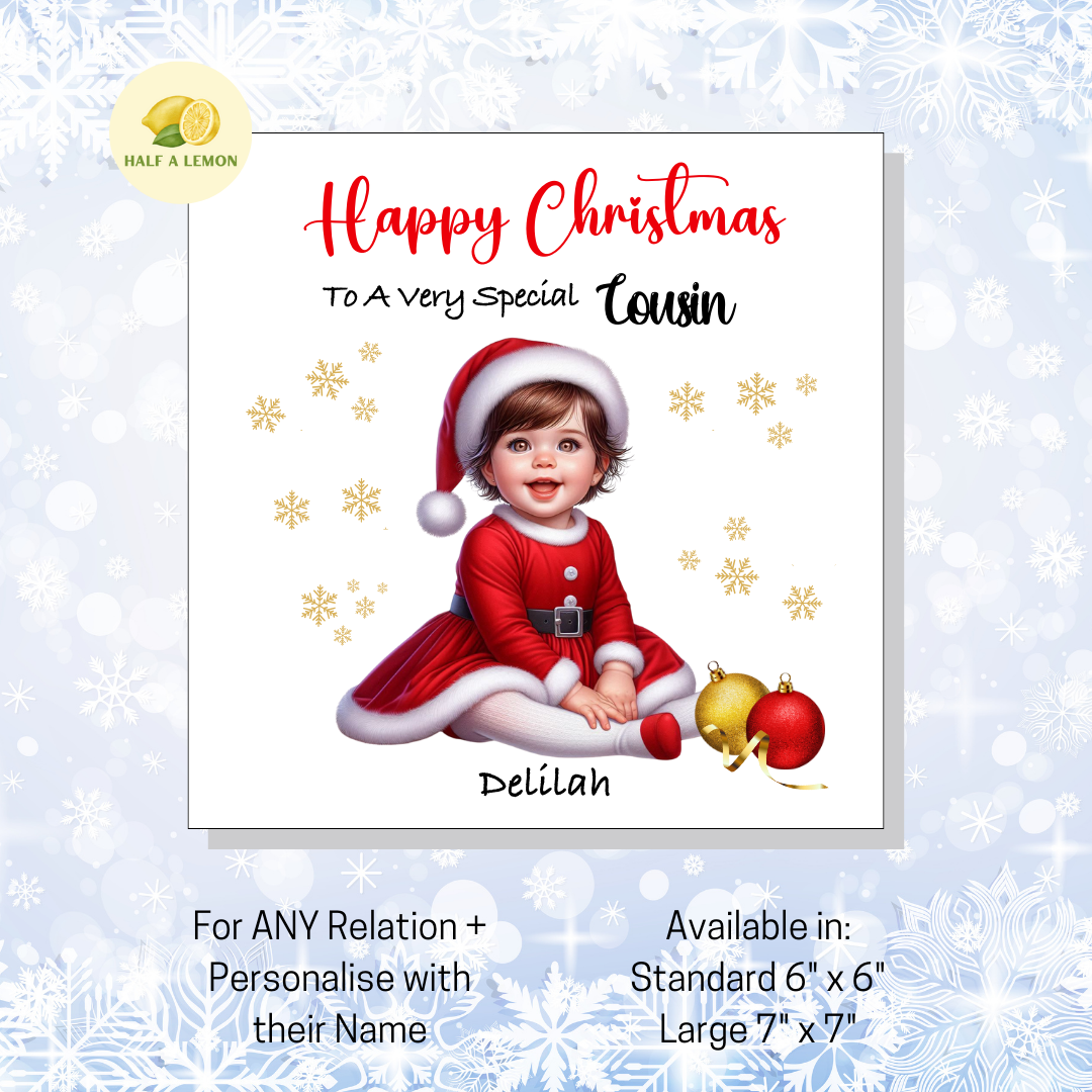 Personalised Little Brown Haired Girl in Santa Dress Christmas Card for Girl: Custom Name & Relation Keepsake For Cousin