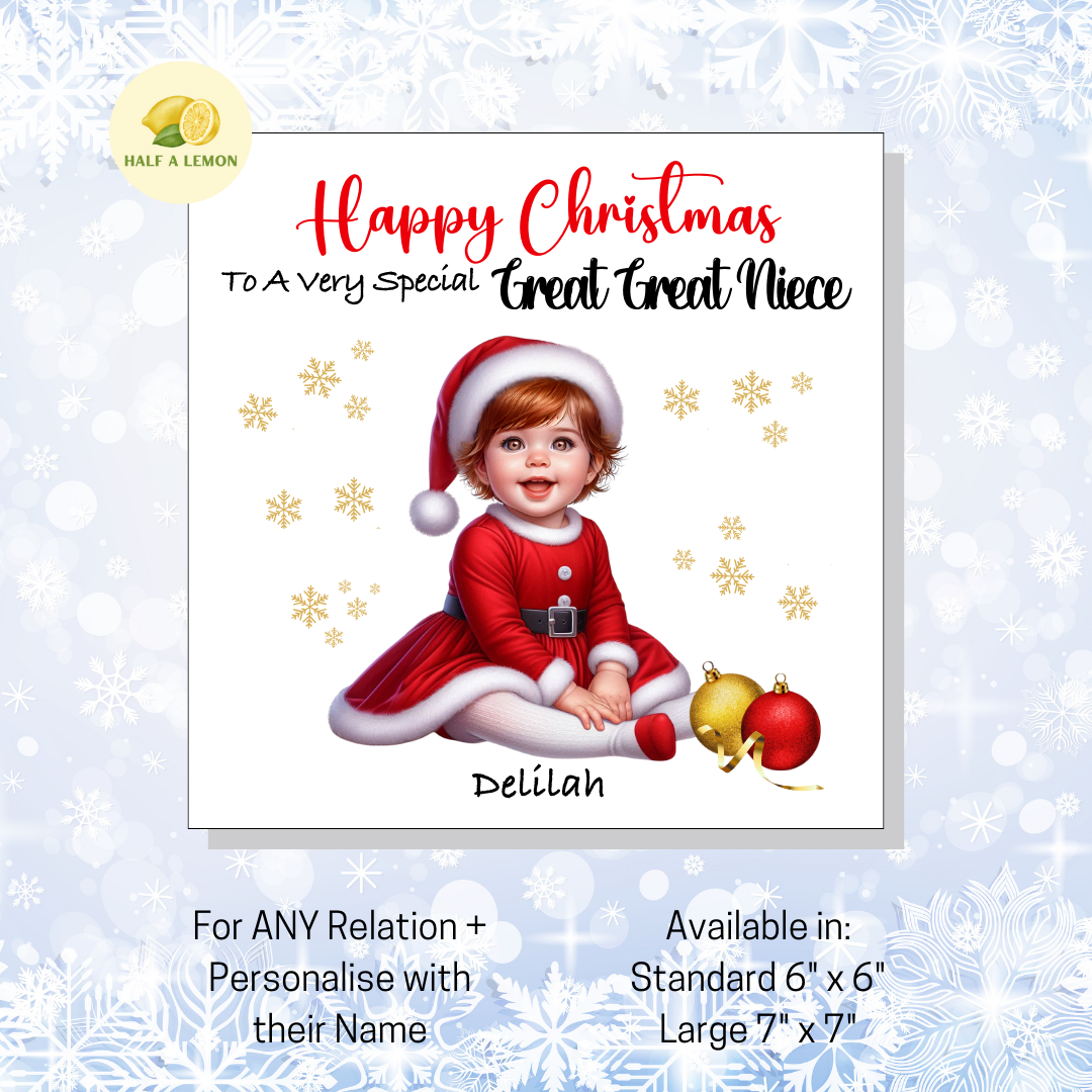 Personalised Little Auburn Haired Girl in Santa Dress Christmas Card for Girl: Custom Name & Relation Keepsake For Great Great Niece