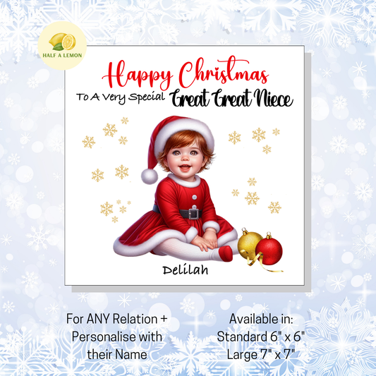 Personalised Little Auburn Haired Girl in Santa Dress Christmas Card for Girl: Custom Name & Relation Keepsake For Great Great Niece