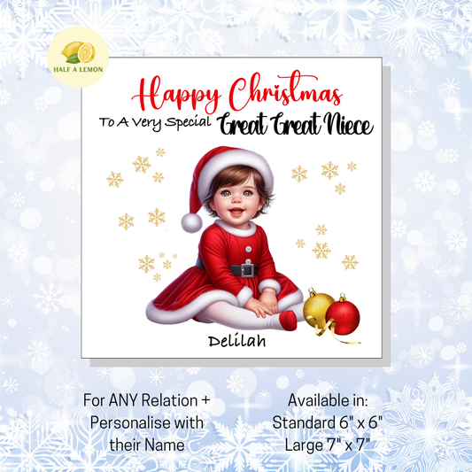 Personalised Little Brown Haired Girl in Santa Dress Christmas Card for Girl: Custom Name & Relation Keepsake For Great Great Niece