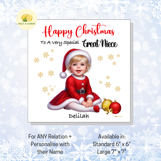 Personalised Little Blonde Haired Girl in Santa Dress Christmas Card for Girl: Custom Name & Relation Keepsake For Great Niece