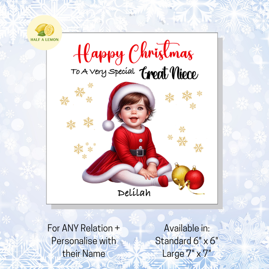 Personalised Little Brown Haired Girl in Santa Dress Christmas Card for Girl: Custom Name & Relation Keepsake For Great Niece