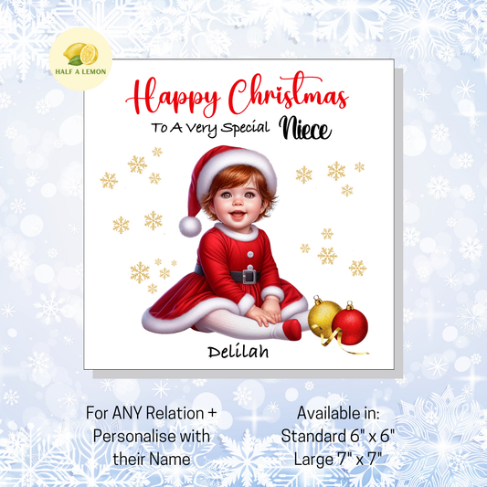 Personalised Little Auburn Haired Girl in Santa Dress Christmas Card for Girl: Custom Name & Relation Keepsake For Niece
