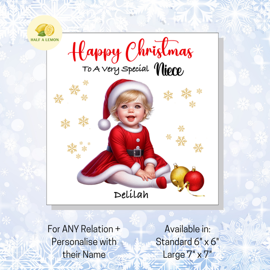 Personalised Little Blonde Haired Girl in Santa Dress Christmas Card for Girl: Custom Name & Relation Keepsake For Niece