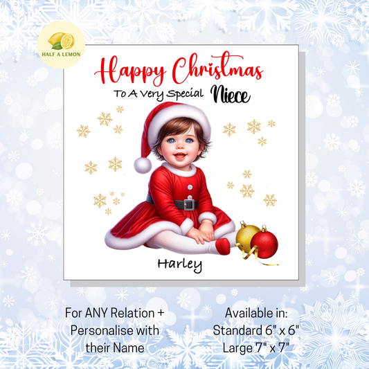 Personalised Little Brown Haired Girl in Santa Dress Christmas Card for Girl: Custom Name & Relation Keepsake For Niece