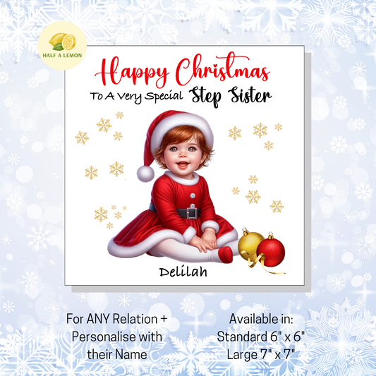 Personalised Little Auburn Haired Girl in Santa Dress Christmas Card for Girl: Custom Name & Relation Keepsake For Step Sister