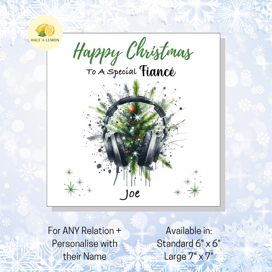 Personalised Headphones and Christmas Tree Christmas Card For Fiancé, For Any Relation, Gift for Him