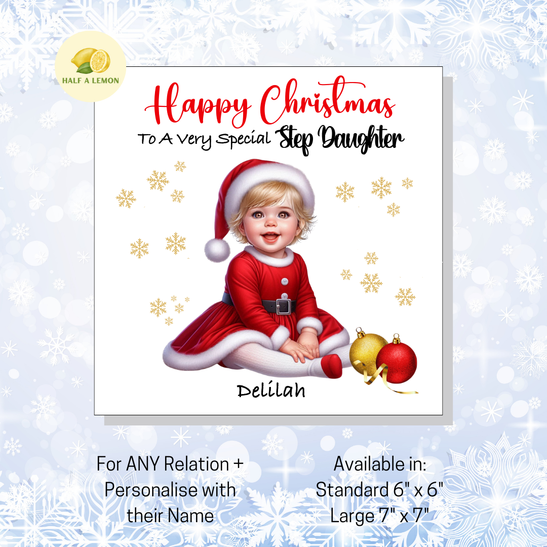 Personalised Little Blonde Haired Girl in Santa Dress Christmas Card for Girl: Custom Name & Relation Keepsake For Step Daughter