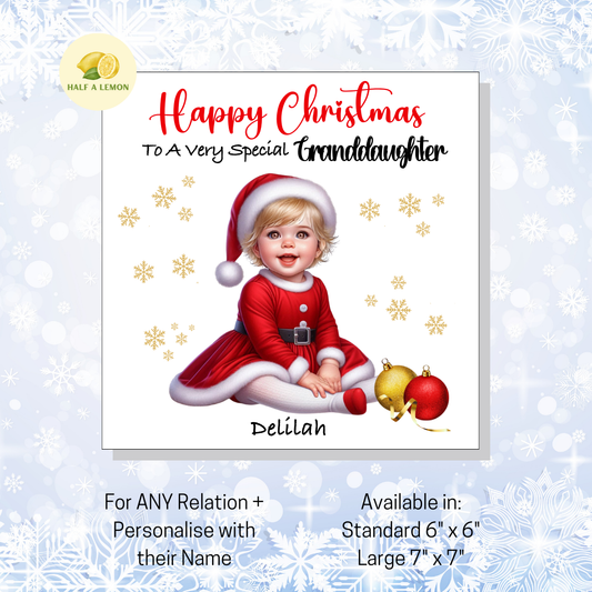 Personalised Little Blonde Haired Girl in Santa Dress Christmas Card for Girl: Custom Name & Relation Keepsake For Granddaughter