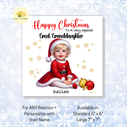 Personalised Little Blonde Haired Girl in Santa Dress Christmas Card for Girl: Custom Name & Relation Keepsake For Great Granddaughter