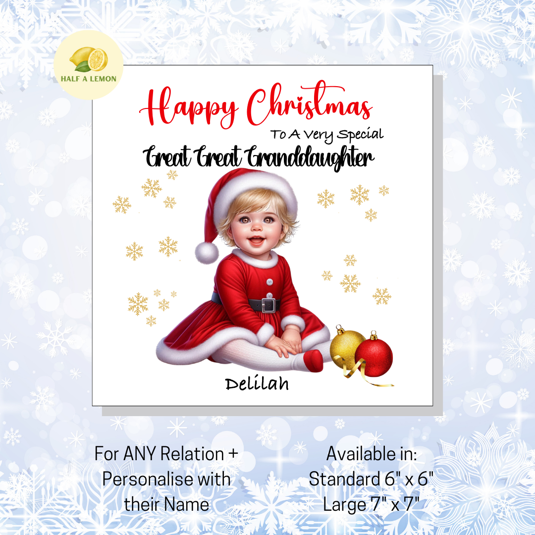 Personalised Little Blonde Haired Girl in Santa Dress Christmas Card for Girl: Custom Name & Relation Keepsake For Great Great Granddaughter