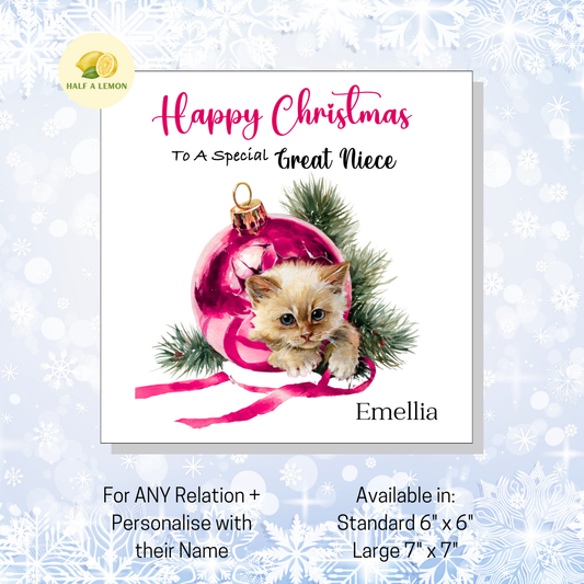 Personalised Cute Kitten Christmas Card, For Great Niece, For Any Relation, Gift for Her