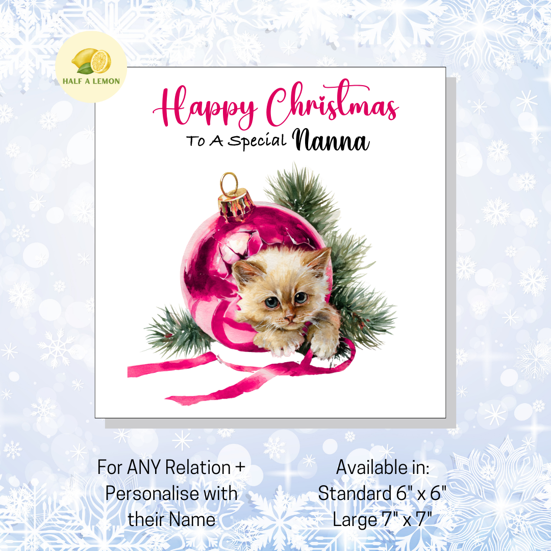 Personalised Cute Kitten Christmas Card, For Nanna, For Any Relation, Gift for Her