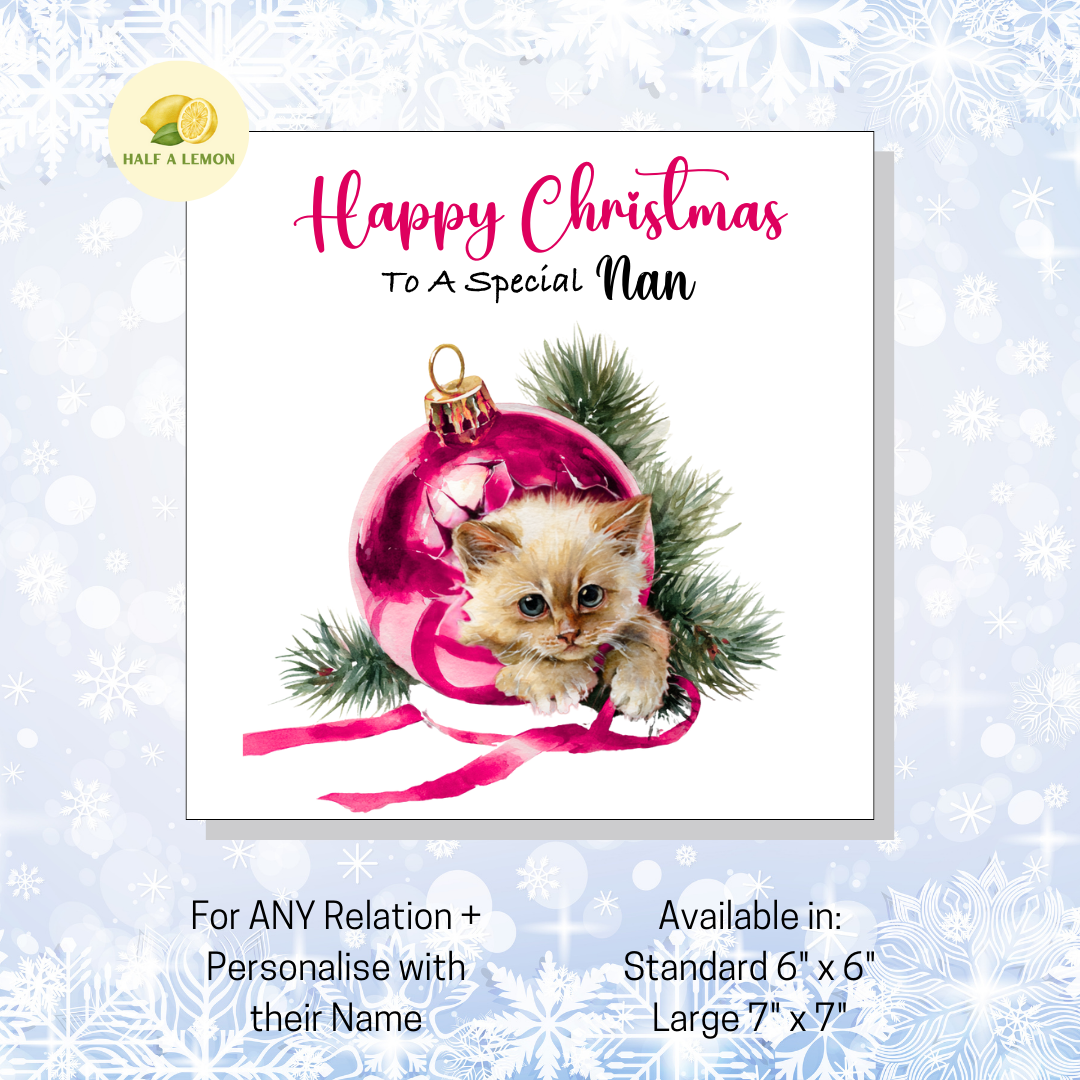 Personalised Cute Kitten Christmas Card, For Nan, For Any Relation, Gift for Her