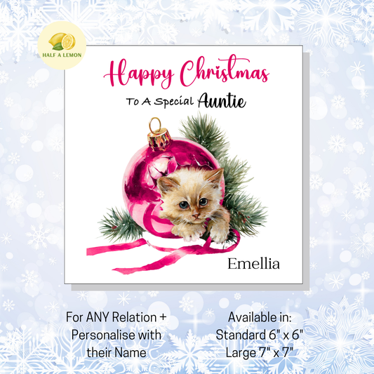 Personalised Cute Kitten Christmas Card, For Auntie, For Any Relation, Gift for Her