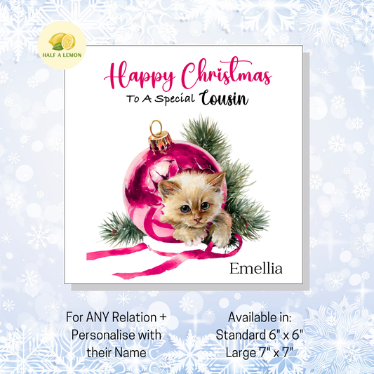 Personalised Cute Kitten Christmas Card, For Cousin, For Any Relation, Gift for Her