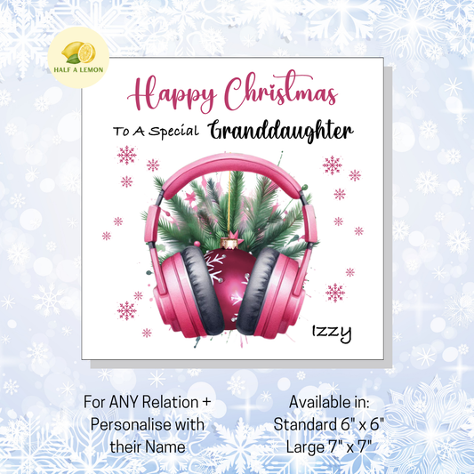 Personalised Pink Headphones with Bauble Christmas Card, For Granddaughter, For Any Relation, Gift for Her