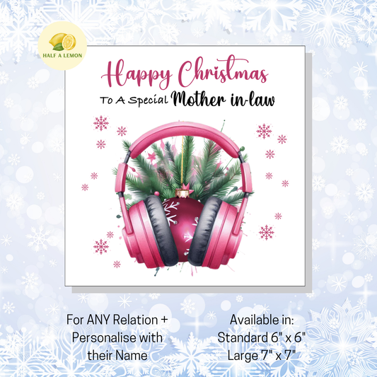 Personalised Pink Headphones with Bauble Christmas Card, For Mother in Law, For Any Relation, Gift for Her