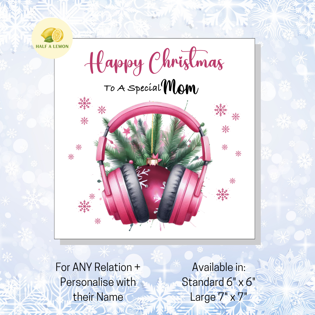 Personalised Pink Headphones with Bauble Christmas Card, For Mom, For Any Relation, Gift for Her