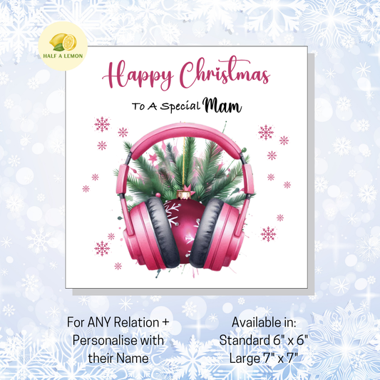 Personalised Pink Headphones with Bauble Christmas Card, For Mam, For Any Relation, Gift for Her