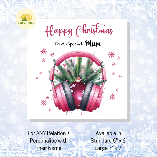 Personalised Pink Headphones with Bauble Christmas Card, For Mum, For Any Relation, Gift for Her