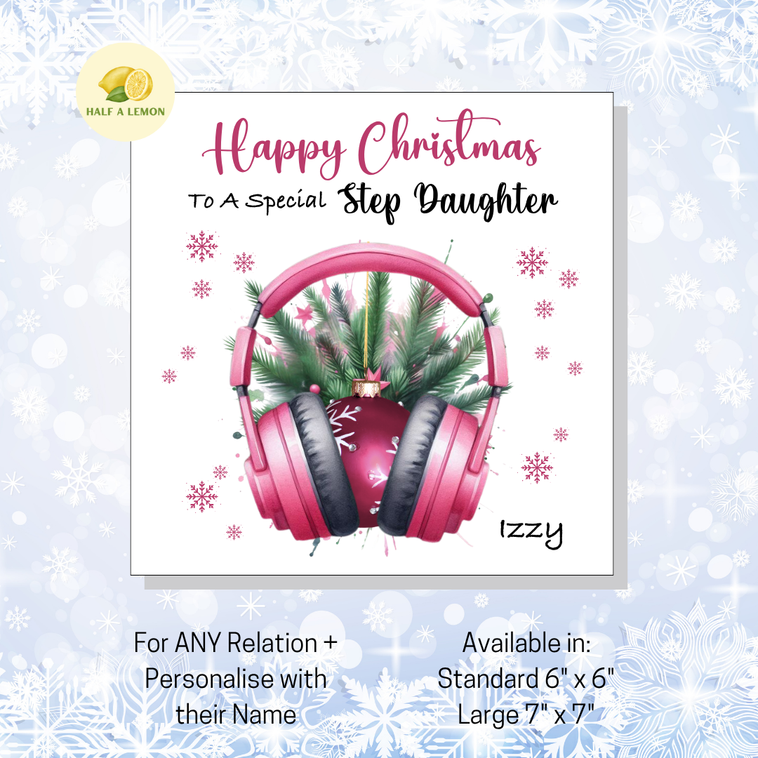 Personalised Pink Headphones with Bauble Christmas Card, For Step Daughter, For Any Relation, Gift for Her