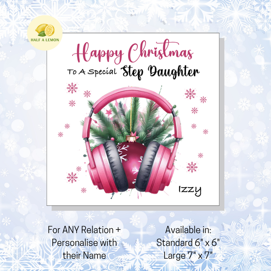 Personalised Pink Headphones with Bauble Christmas Card, For Step Daughter, For Any Relation, Gift for Her