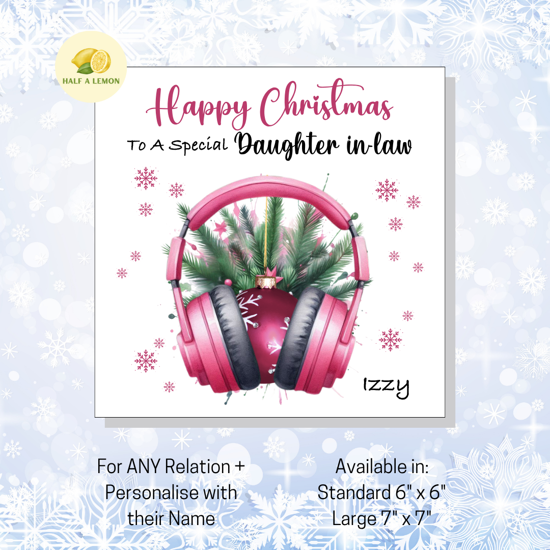 Personalised Pink Headphones with Bauble Christmas Card, For Daughter in Law, For Any Relation, Gift for Her