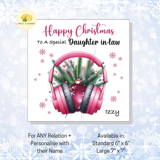 Personalised Pink Headphones with Bauble Christmas Card, For Daughter in Law, For Any Relation, Gift for Her