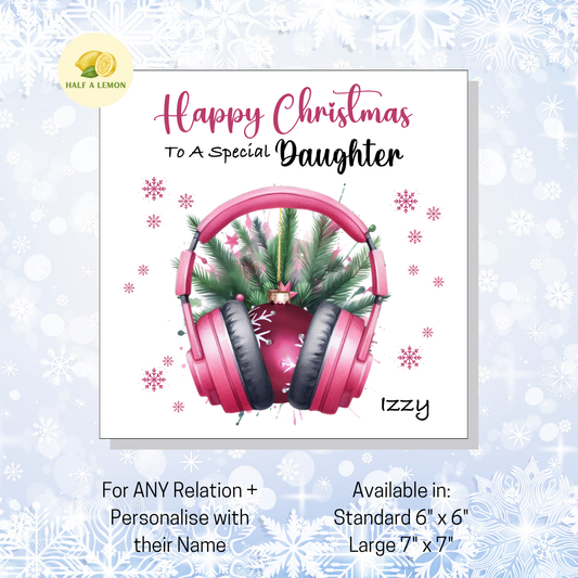 Personalised Pink Headphones with Bauble Christmas Card, For Daughter, For Any Relation, Gift for Her
