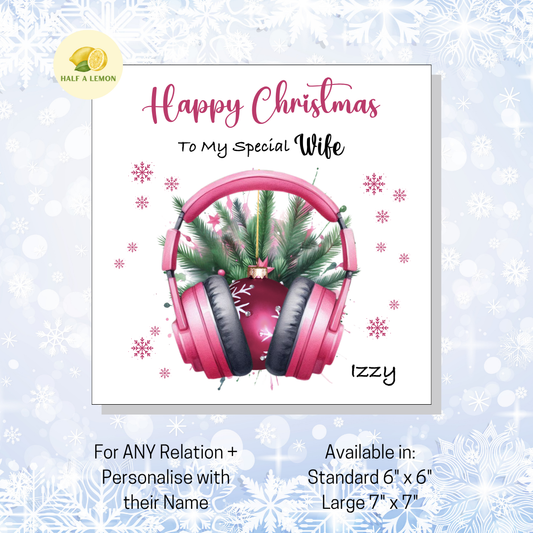 Personalised Pink Headphones with Bauble Christmas Card, For Wife, For Any Relation, Gift for Her