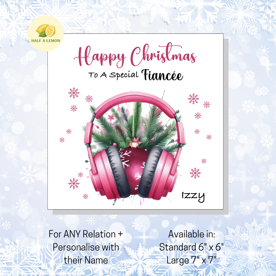 Personalised Pink Headphones with Bauble Christmas Card, For Fiancée, For Any Relation, Gift for Her