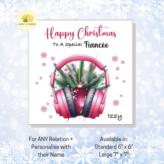 Personalised Pink Headphones with Bauble Christmas Card, For Fiancée, For Any Relation, Gift for Her