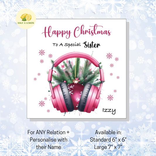 Personalised Pink Headphones with Bauble Christmas Card, For Sister, For Any Relation, Gift for Her