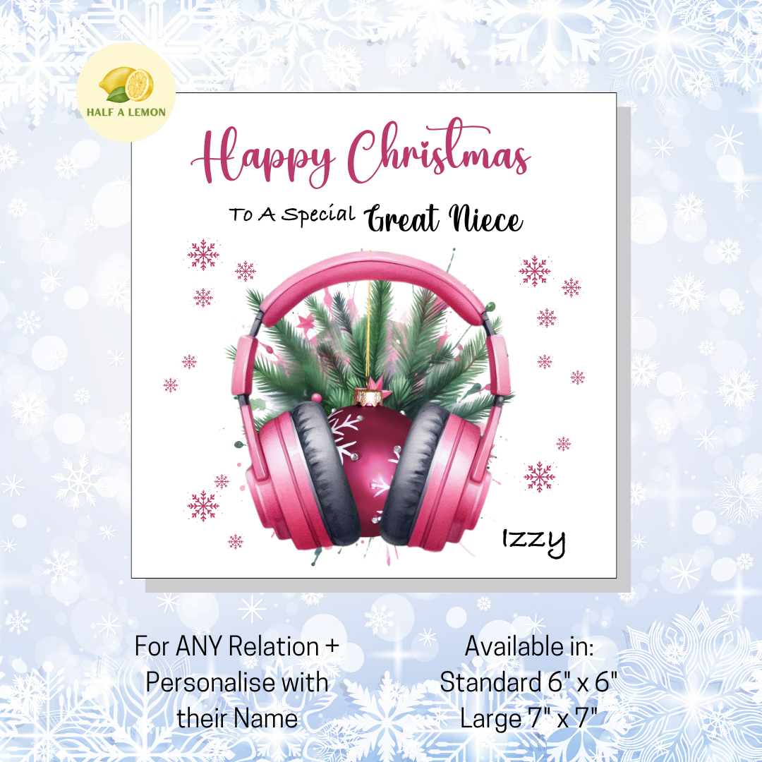 Personalised Pink Headphones with Bauble Christmas Card, For Great Niece, For Any Relation, Gift for Her