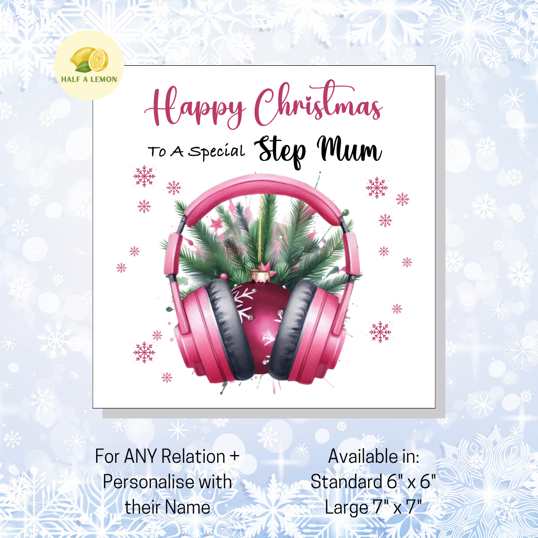 Personalised Pink Headphones with Bauble Christmas Card, For Step Mum, For Any Relation, Gift for Her