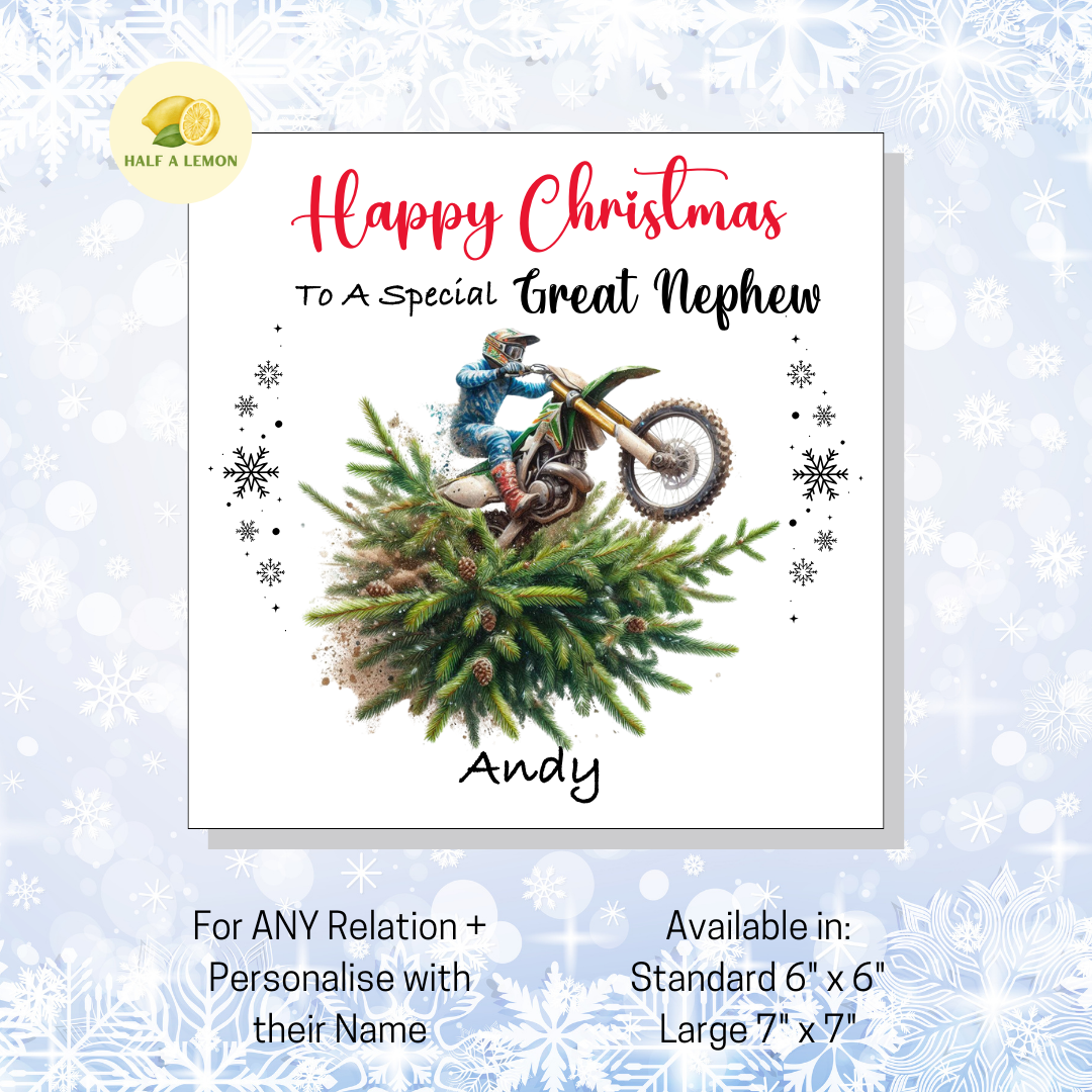 Personalised Dirt Bike and Christmas Tree Christmas Card For Great Nephew, For Any Relation, Gift for Him
