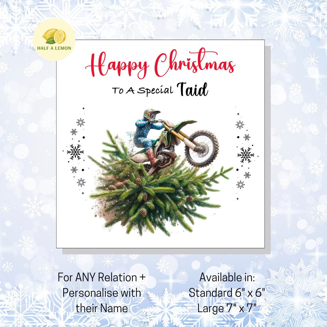 Personalised Dirt Bike and Christmas Tree Christmas Card For Taid, For Any Relation, Gift for Him