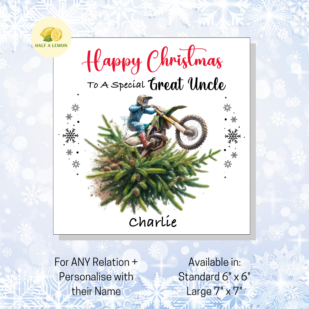 Personalised Dirt Bike and Christmas Tree Christmas Card For Great Uncle, For Any Relation, Gift for Him