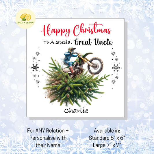 Personalised Dirt Bike and Christmas Tree Christmas Card For Great Uncle, For Any Relation, Gift for Him
