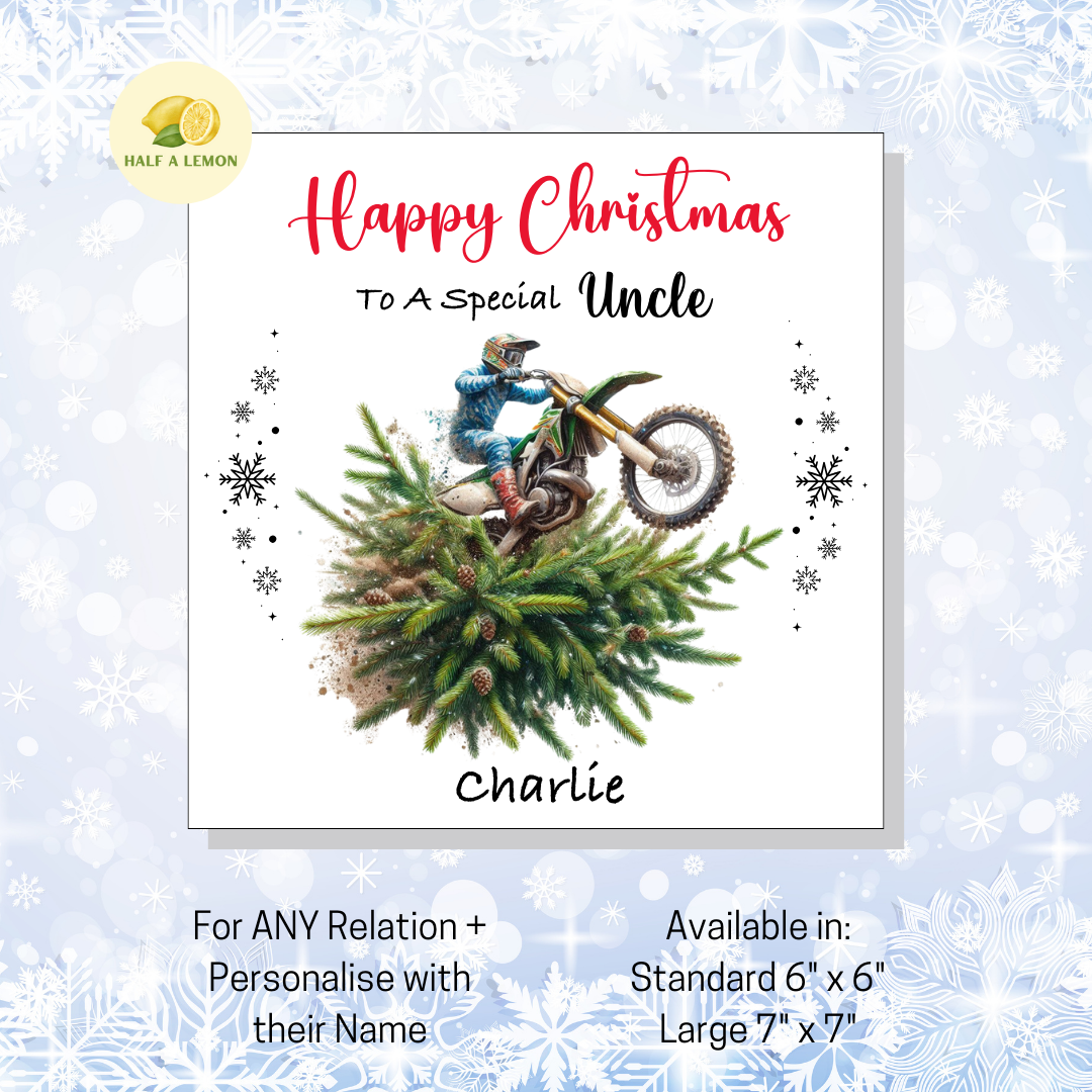Personalised Dirt Bike and Christmas Tree Christmas Card For Uncle, For Any Relation, Gift for Him
